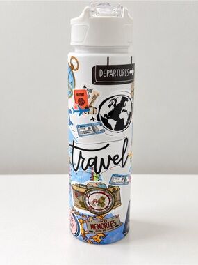 White Travel-Themed Stainless Water Bottle - Unbranded